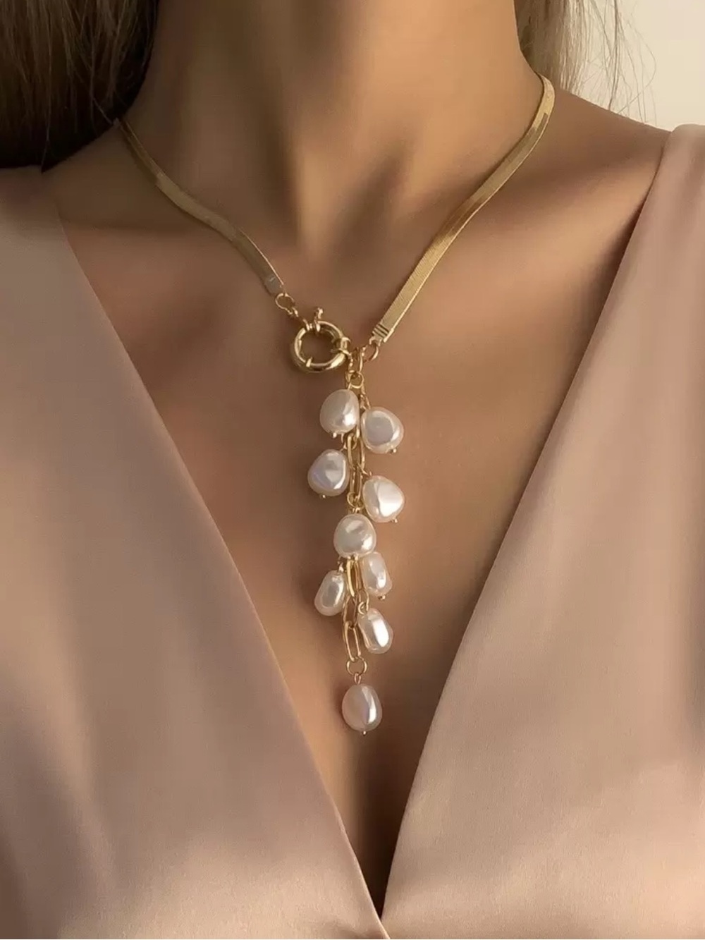 Gold Pearl Cascade Lariat Necklace
